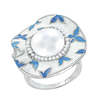 Damenring mit Perle, Zirkonia und Emaille Bild 1