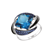 Damenring  mit schwarzer Emaille, blauen Sitall und Zirkonia Bild 1