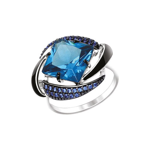 Damenring  mit schwarzer Emaille, blauen Sitall und Zirkonia Bild 1