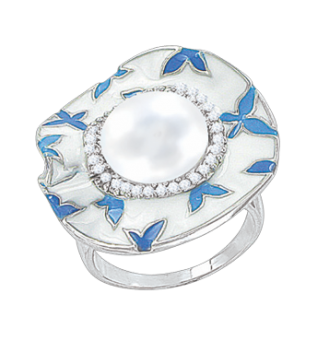 Damenring mit Perle, Zirkonia und Emaille 