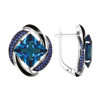 Серьги с фианитами, эмалью, голубым ситаллом 